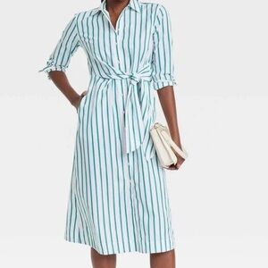 Long Sleeve Tie-Front Midi Shirtdress Striped Cotton Poplin